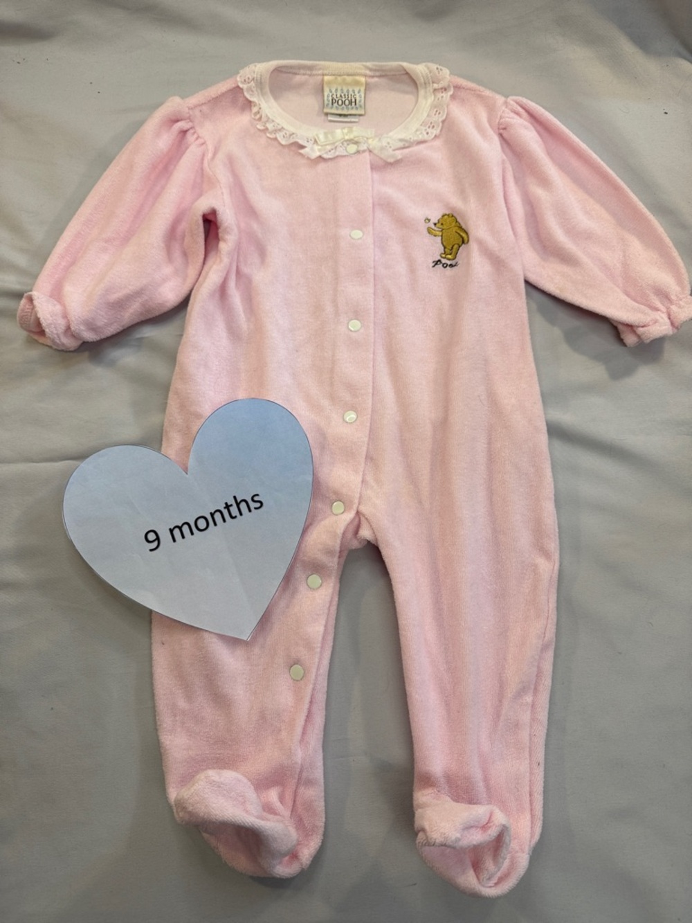 Classic Pooh Vintage Embroidered Pink terry Footed One-Piece - 9 Months